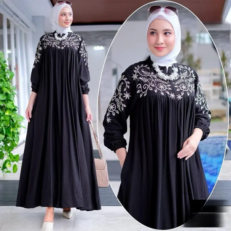 Gamis aurora bahan pololinen motif bordir ukuran jumbo L XL XXL 3XL 5L ld 100 110 120 130 140