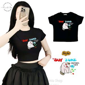Áo Thun Croptop Basic Form Ôm Body Nữ Cổ Tròn Tay Ngắn In Hình Cat "Suy Zone", Kích Cở S M L Women Sò Sen Hoa Sen Dáng Ngắn Thun