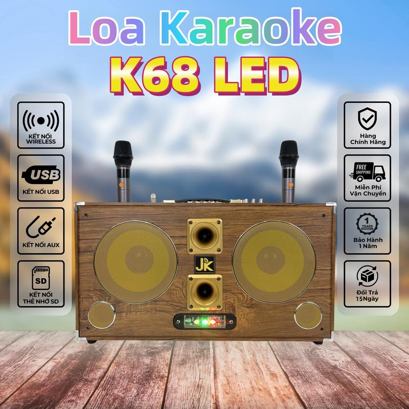 JK-K68 500W Loa Karaoke Di Động Nghe Nhạc Xách Tay Bluetooth 7.5 LED, Loa ngoài trời, Loa gia đình, 2 Micro không dây, 3 Đường Tiếng - Bass 20cm x 2 Mid 10cm x 2 Treble x 2, Bảo Hành 12 Tháng