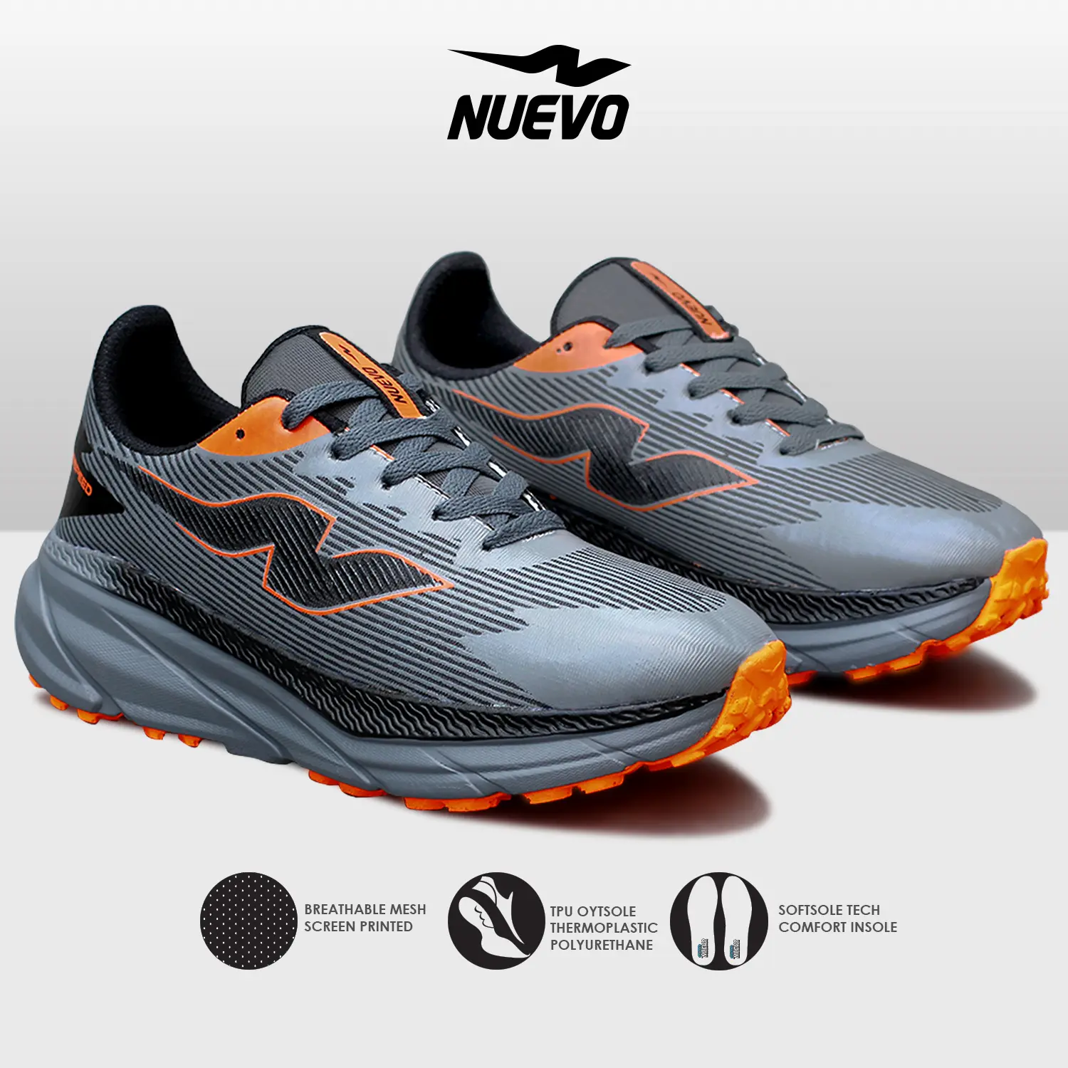 Sepatu Lari Nuevo Crosspeed Grey/Orens Olahraga Pria Trail Running Sneakers Casual Sport Shoes Outdoor