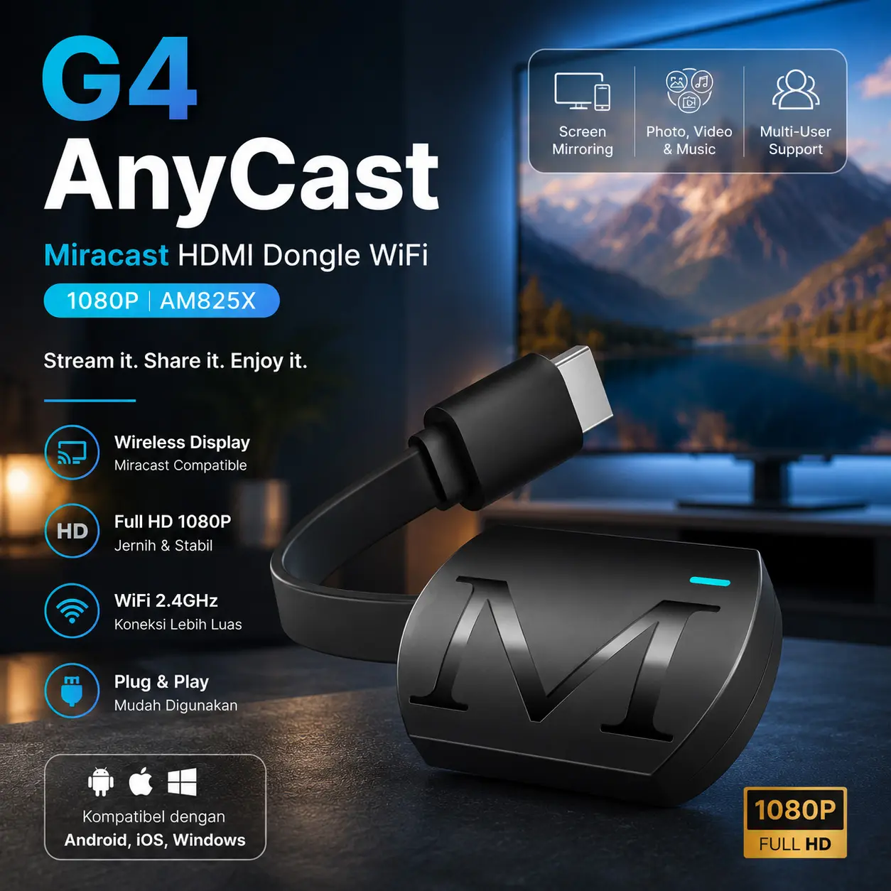 CoolBuild AnyCast Miracast HDMI Dongle WiFi 1080p - G4