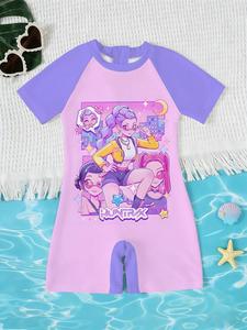 Traje de baño de una pieza para niñas con protección solar, estilo K‑pop Demon Huntrix, colorblock, estilo callejero dulce y fresco, traje de surf