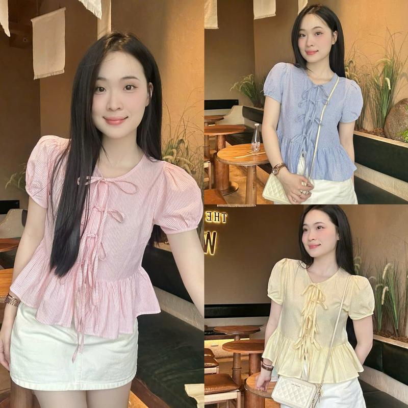 Áo sơ mi nữ babydoll cột nơ xinh xắn tay ngắn trẻ trung LAMO - B1444