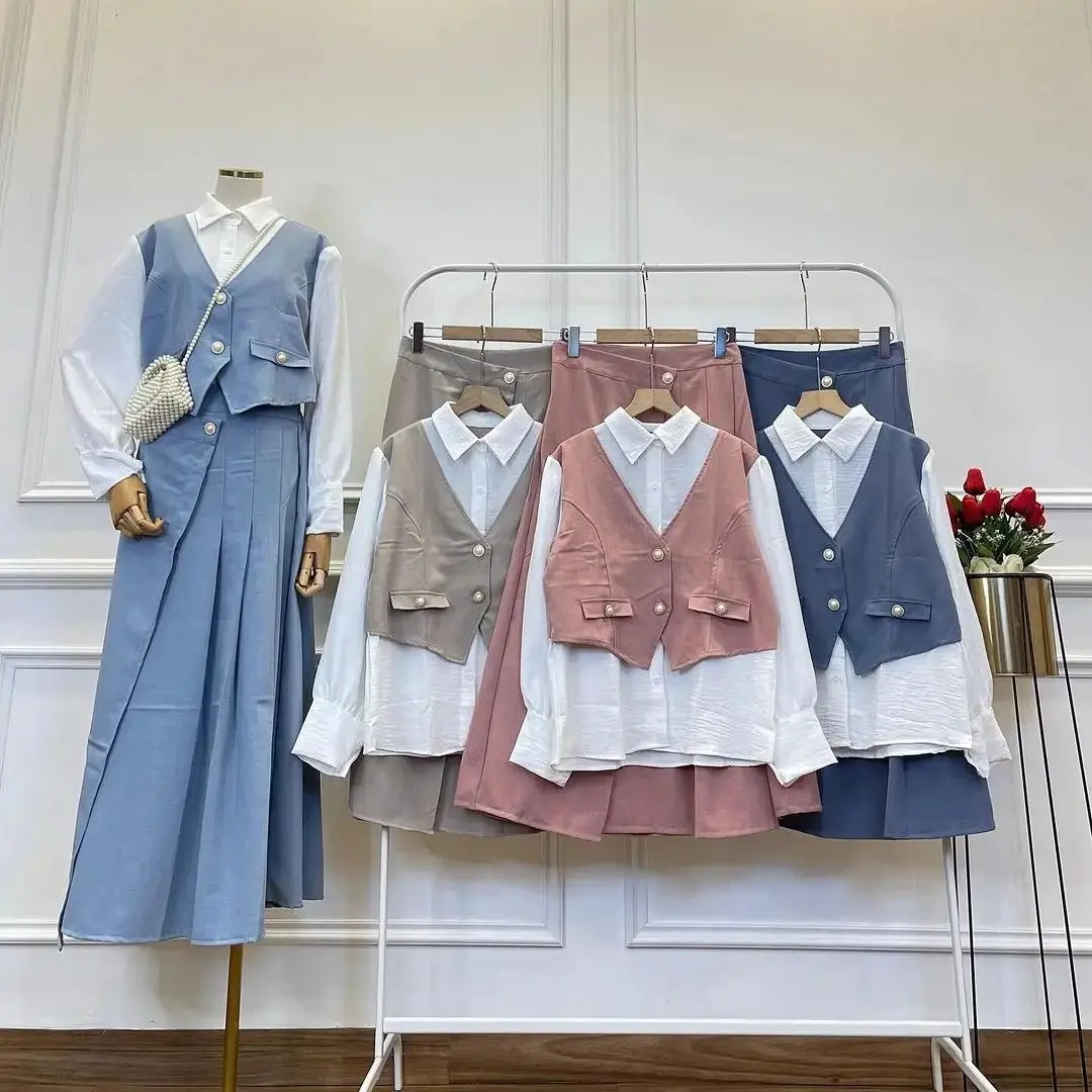 Setelan wanita Remaja Style Korean Muslim Model Terbaru 2024 Avika set Rok 3in1 Matt Crinkle Mix Twill Premium One set Atasan Baju Set Rompi Plus Rok Fashion OOTD muslim Setelan Casual Size M L XL model polos kekinian Bisa COD