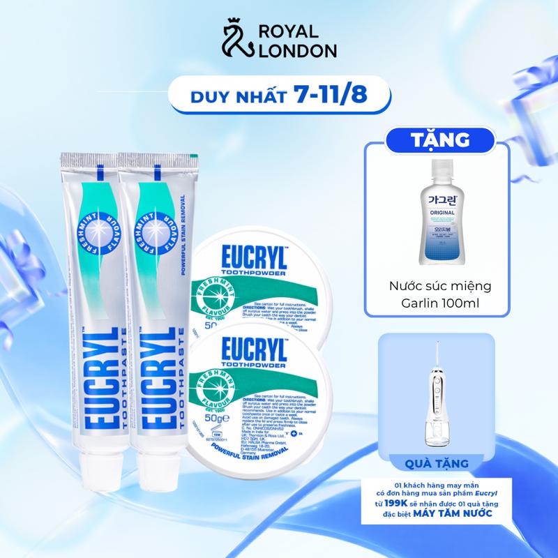 [ TẶNG NSM GARLIN 100ML - EUGI010 ] Combo 2 kem đánh răng & 2 bột hỗ trợ làm trắng răng Eucryl Toothpaste & Toothpowder Freshmint 62g hương bạc hà thanh mát