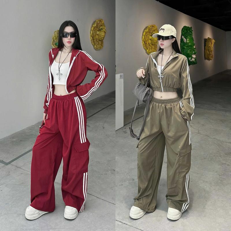 Bộ Quần Dài Chạy Dót Khóa Thể Thao Dài Tay Quần Ống Rộng Túi Hộp Đỏ Be Rêu Top Nữ