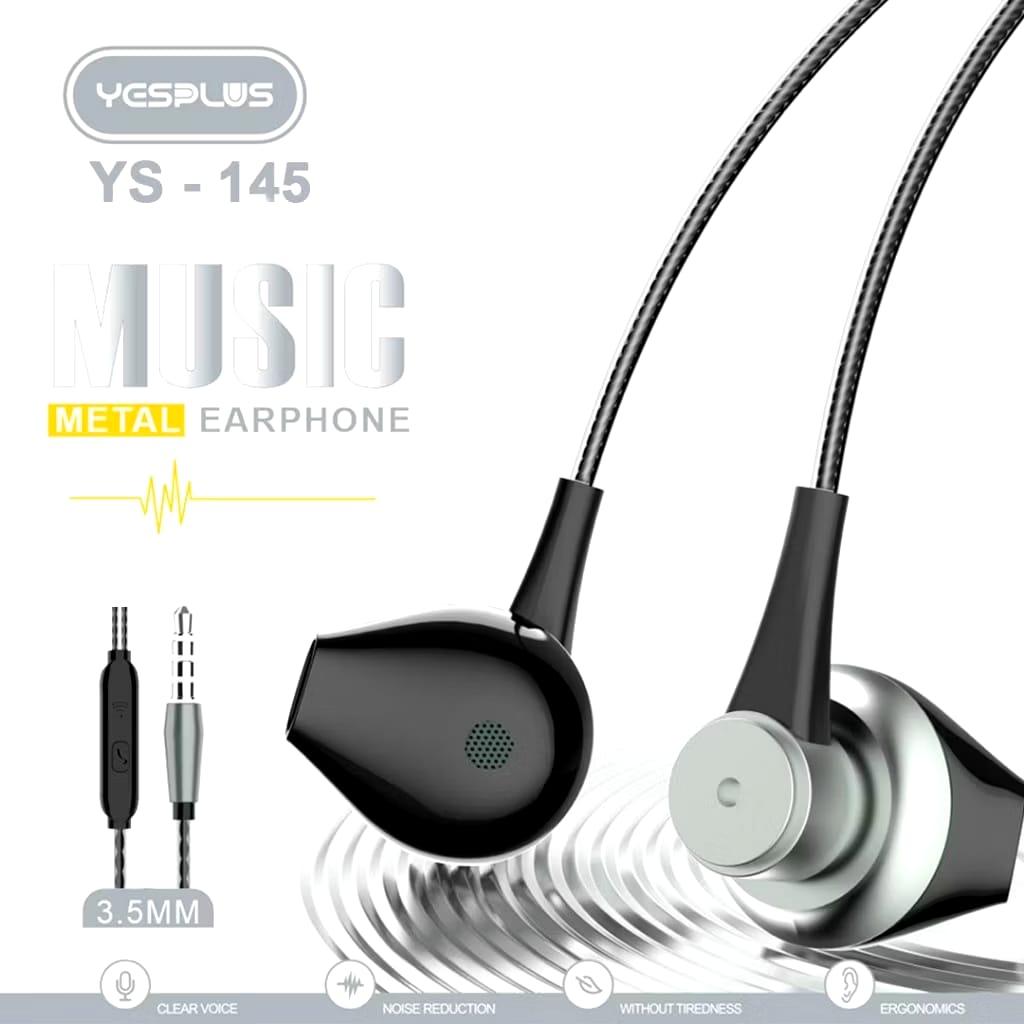 YESPLUS Headset/Handsfree  YS-145 Suara Stereo Earphone Berbahan Alluminium Alloy  Untuk Semua Handphone Aluminium Ponsel Telepon