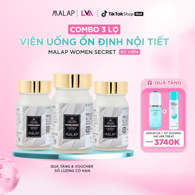 (Tặng serum HA+Xịt khoáng Vacure:treat) Combo 3 lọ Viên Uống Ổn Định Nội Tiết Tố MALAP Women Secret Nhật Bản Hộp 60 Viên