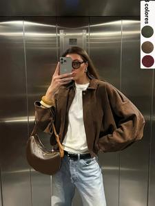 Chaqueta de gamuza holgada para otoño invierno de mujer, abrigo bomber con manga murciélago corta, top de aspecto de cuero liso, cuello con cierre, manga larga estilo vintage