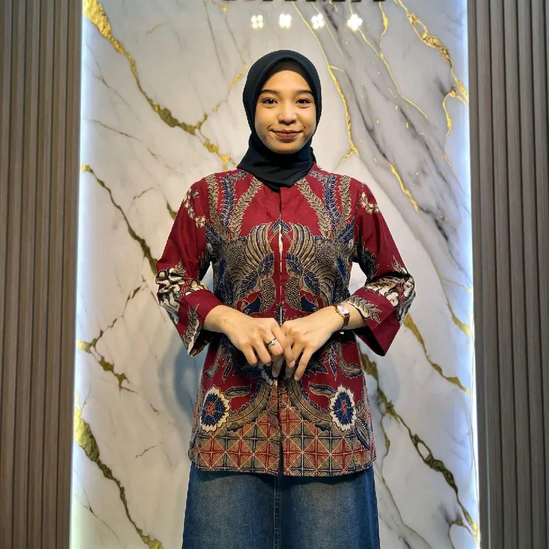 Blouse Batik BURUNG KEMBAR maroon model kancing depan full kancing lengan 7/8 By Batik Rama 1