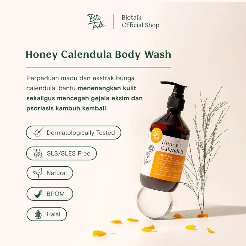 BIOTALK HONEY CALENDULA BODY WASH Melembabkan dan Menenangkan Kulit Eksim Psoriasis Sensitif Alergi Kering 300ML 4
