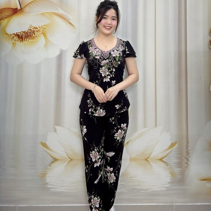 B60 Đồ Bộ Nữ Trung Niên Thun Tơ Hoa Cao Cấp Cổ Tim Thêu tay cánh tiên thương hiệu Hải Sơn