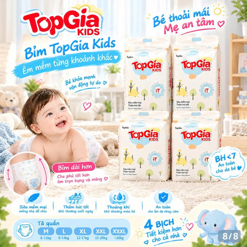 TỔNG NHẬN VỀ 4 BỊCH bỉm Topgiakids pH<7 an toàn cho da bé, mềm mại, mỏng nhẹ, chống tràn tối đa, đủ size từ S đến XXXL cho bé