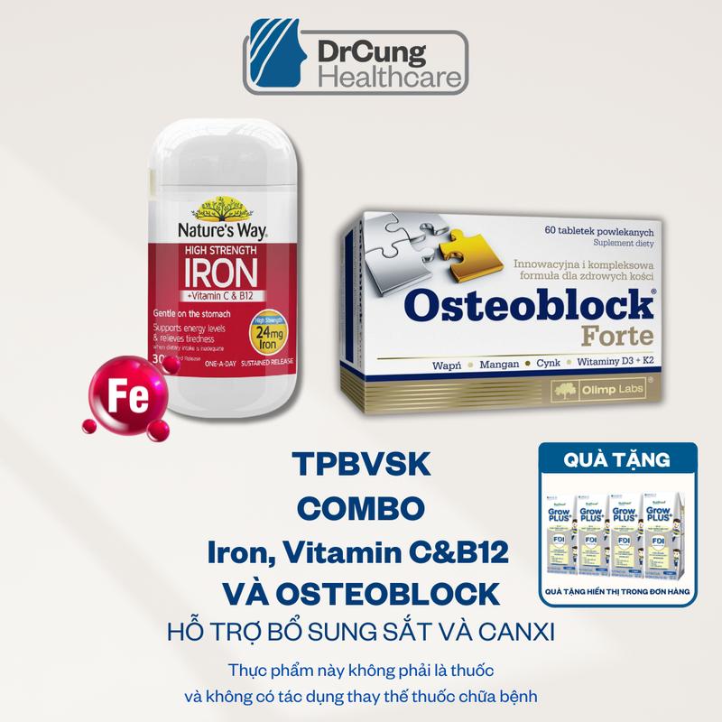 TPBVSK Combo Bổ Bầu 2 sản phẩm gồm Sắt Nature's Way High Strength Iron+Viatmin C và B12 Lọ 30 viên và Canxi Osteoblock Forte Hộp 60 viên Hỗ trợ bổ sung sắt canxi hữu cơ cho mẹ bầu TẶNG 1 VỈ BẠC 180ML