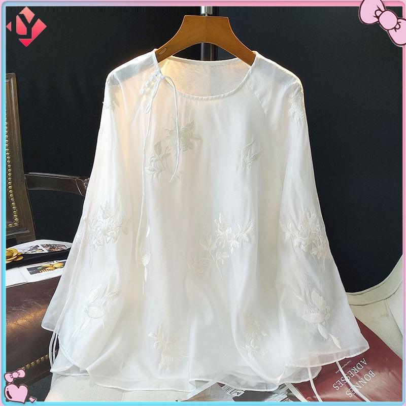 Áo sườn xám cách tân tay dài hoạ tiết thiêu tone trắng thanh lịch sang trọng quần legging nữ loại đẹp áo phông có cổ nữ bigsize60den90ký