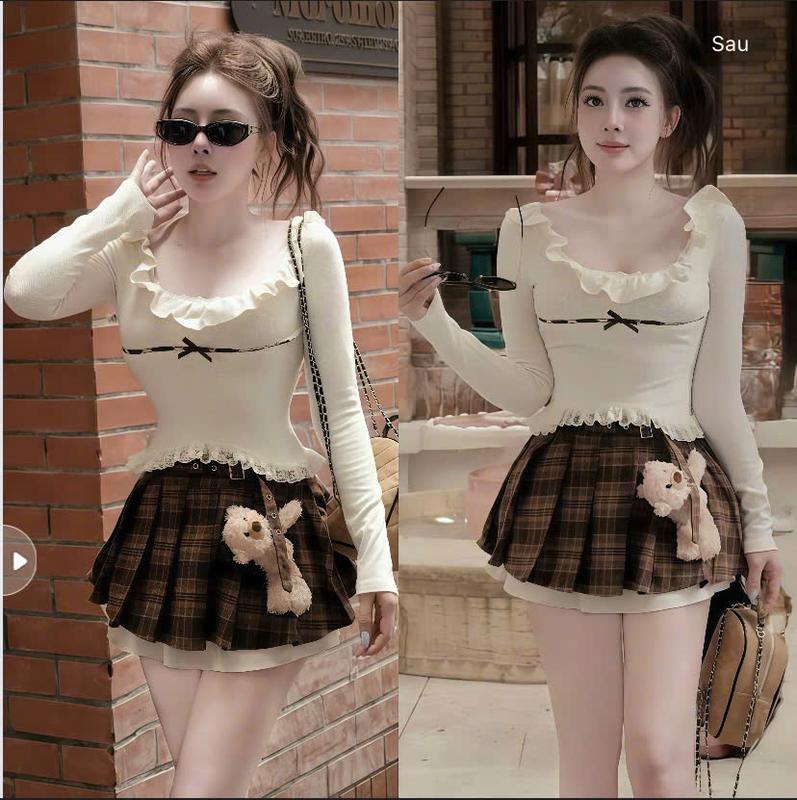Set đồ nữ áo tăm lạnh cổ vuông phối bèo tay dài mix chân váy karo có lót sang chảnh dành cho các nàng diện đi chơi đi tiệc.women top