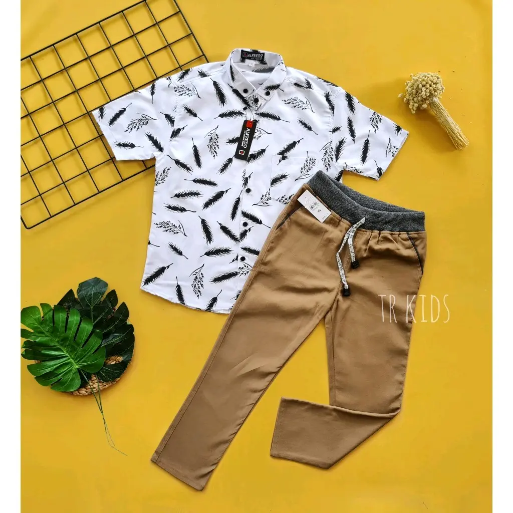 Setelan Kemeja Anak Motif Anak Laki-laki Lengan Pendek Chinos Panjang Usia 2-12 Tahun By Halogan Kids