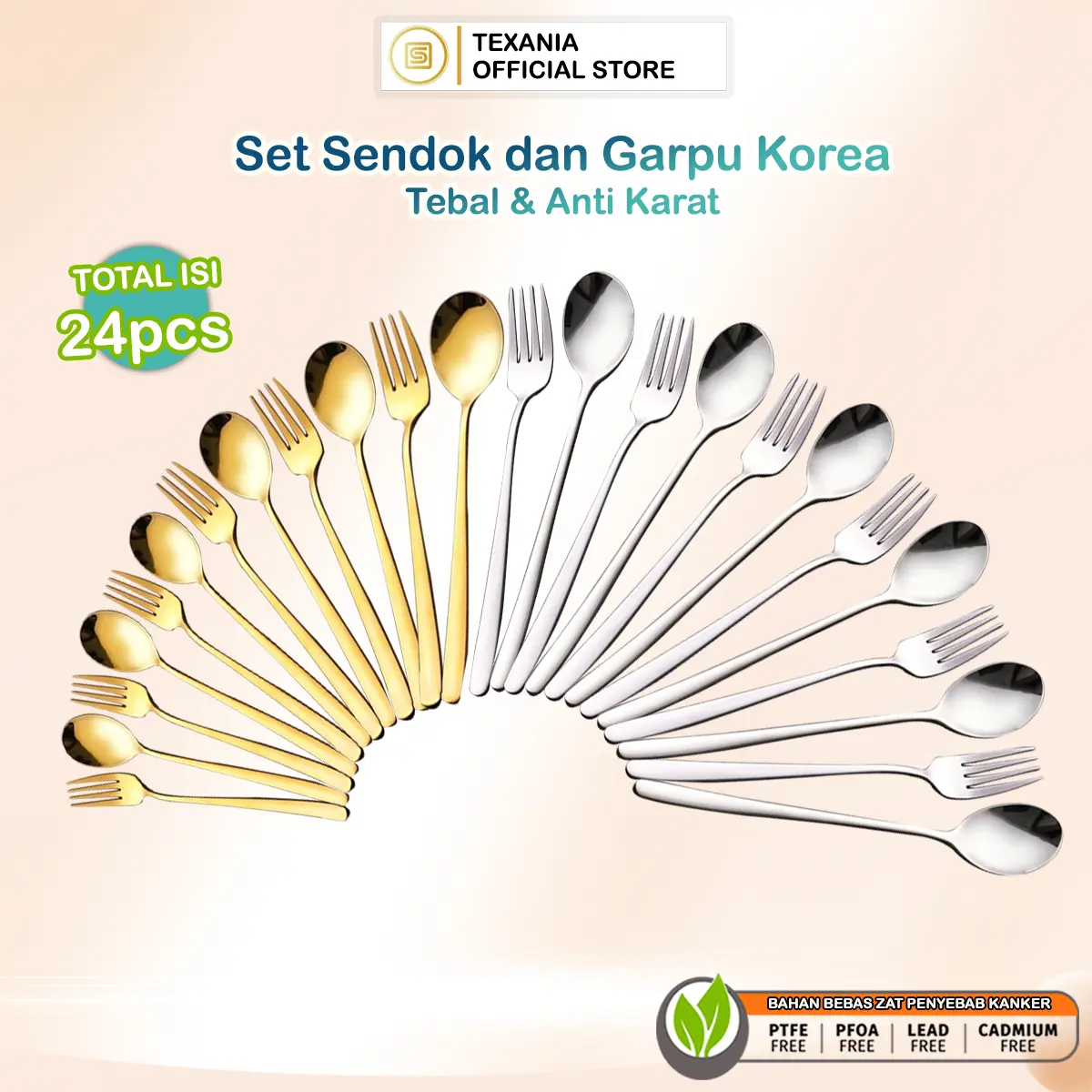 [PROMO SPESIAL BULAN INI] ALL Variant TEXANIA Set Sendok Garpu Korea Stainless Steel Tebal Anti Karat Gold & SIlver Isi Total 24pcs