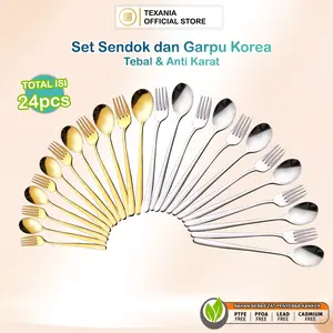[Year End Sale] ALL Variant TEXANIA Set Sendok Garpu Korea Stainless Steel Tebal Anti Karat Gold & SIlver Isi Total 24pcs Kitchenware