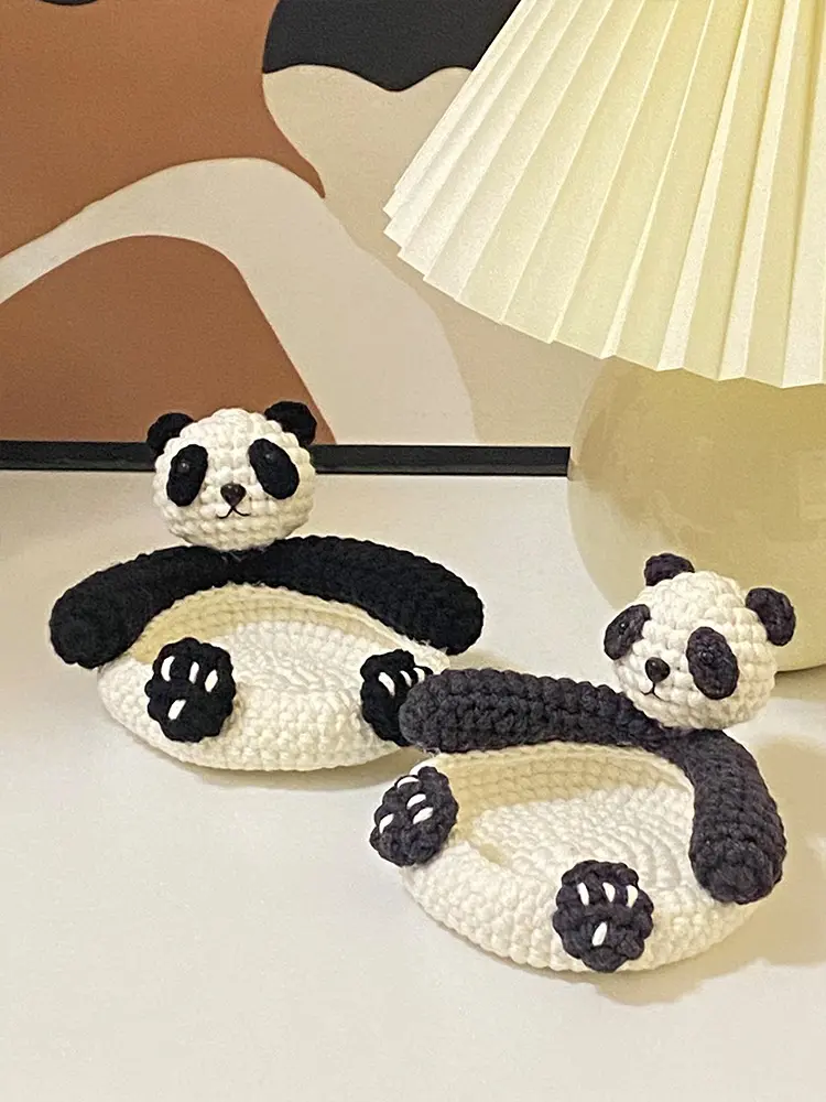 Handwoven DIY material wrapped with yarn and crochet, cute panda coaster as a gift for best friend