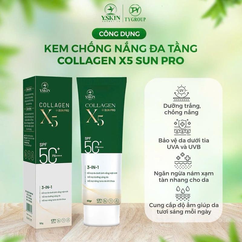 KEM CHỐNG NẮNG COLAGEN X5 SUN PRO DẠNG TUÝP MỚI YSKIN 50ml tặng kèm sữa rửa mặt mini 20ml chong nang