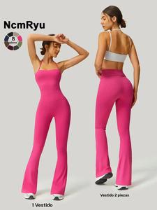 Mono deportivo de color liso para mujer con espalda descubierta y cuello halter, mono informal y cómodo sin mangas con parte inferior acampanada para yoga, gimnasio, ropa deportiva de verano para mujer