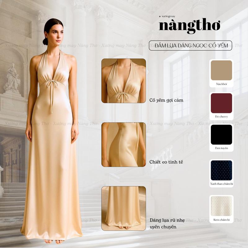 1104 Đầm Lụa Tô Châu Cổ Yếm Dự Tiệc Slay Dáng Dài 135cm