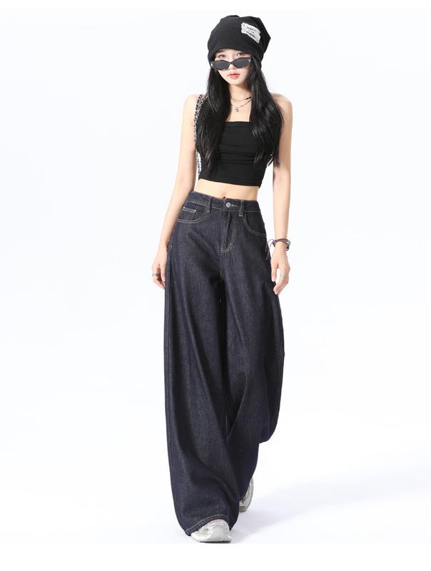 Quần jean dài ống rộng xanh than Hip Hốp cạp cao phong cách unisex 1