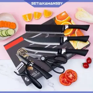 Pisau Dapur Set Isi 6 PCS Anti Karat Kitchenware dengan Desain Corrugated dan Warna-warna Menarik - Cocok untuk Memasak