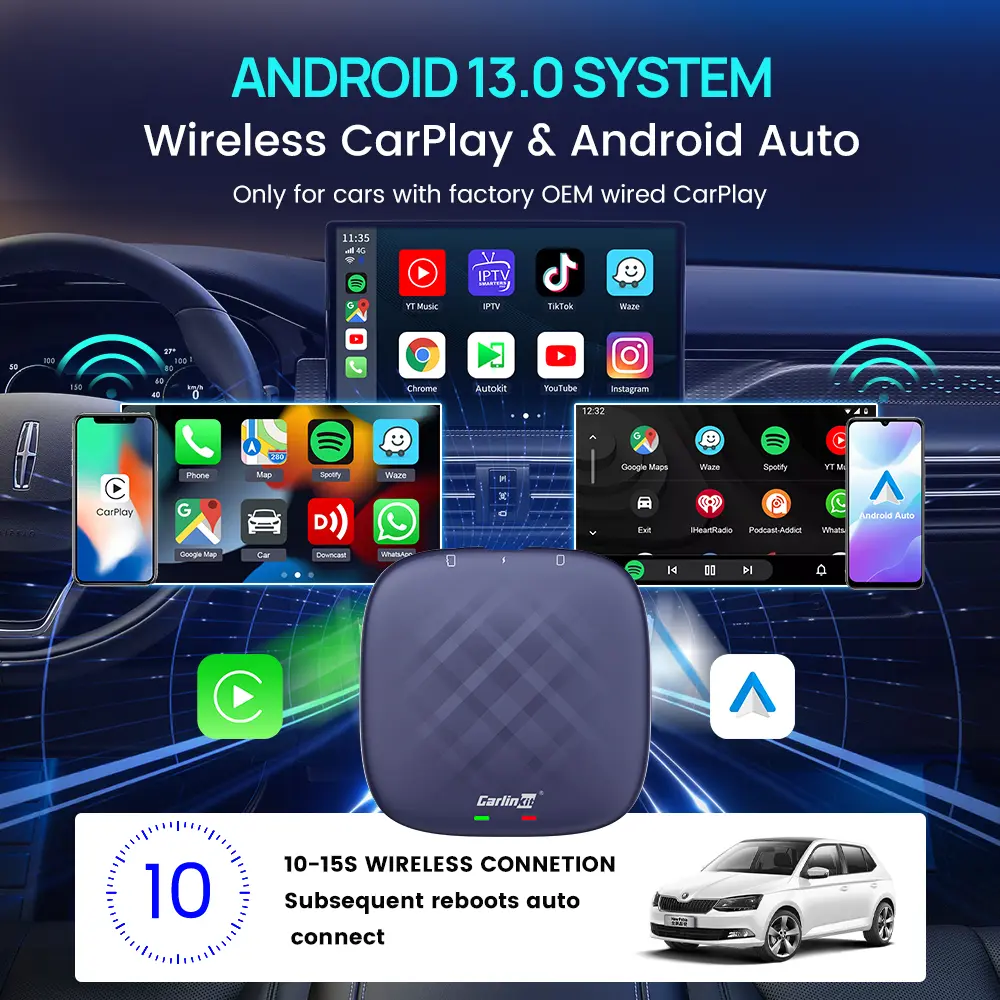 Carlinkit Car Android 13 Ai Box 4+64GB Wireless Android auto and Wireless Carplay Ai Box support Youtube Netflix IPTV Waze Splilt Screen