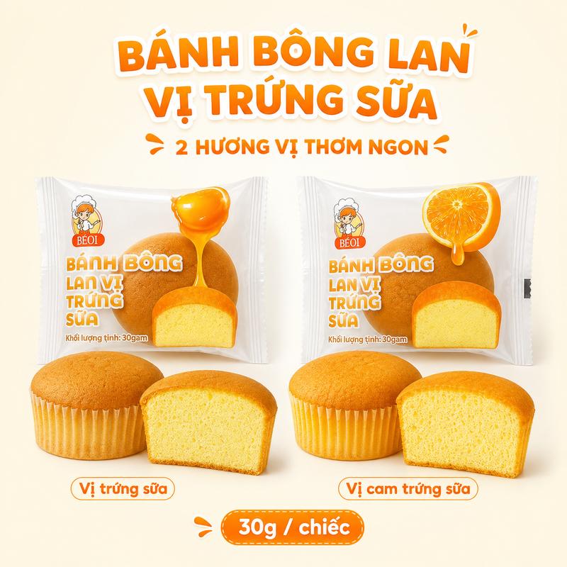 BÉOI Bánh Bông Lan Vị Trứng Sữa 30g, Vị Cam Trứng Sữa Mềm Xốp Mịn, Bánh Ngọt…