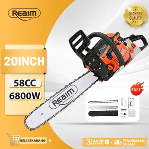 REAIM Mesin Potong Kayu 58CC 20inch Chainsaw 2Tak Untuk Gergaji Mesin Alat Outdoor Mesin Gergaji Kayu Gergaji Potong Pohon Kayu Pemotong Kayu Cepat & Irit Bahan Bakar Gergaji Mesin Portable Anti Macet - Untuk Kayu, Bambu & KebunMata Pisau Kuat Tahan Lama