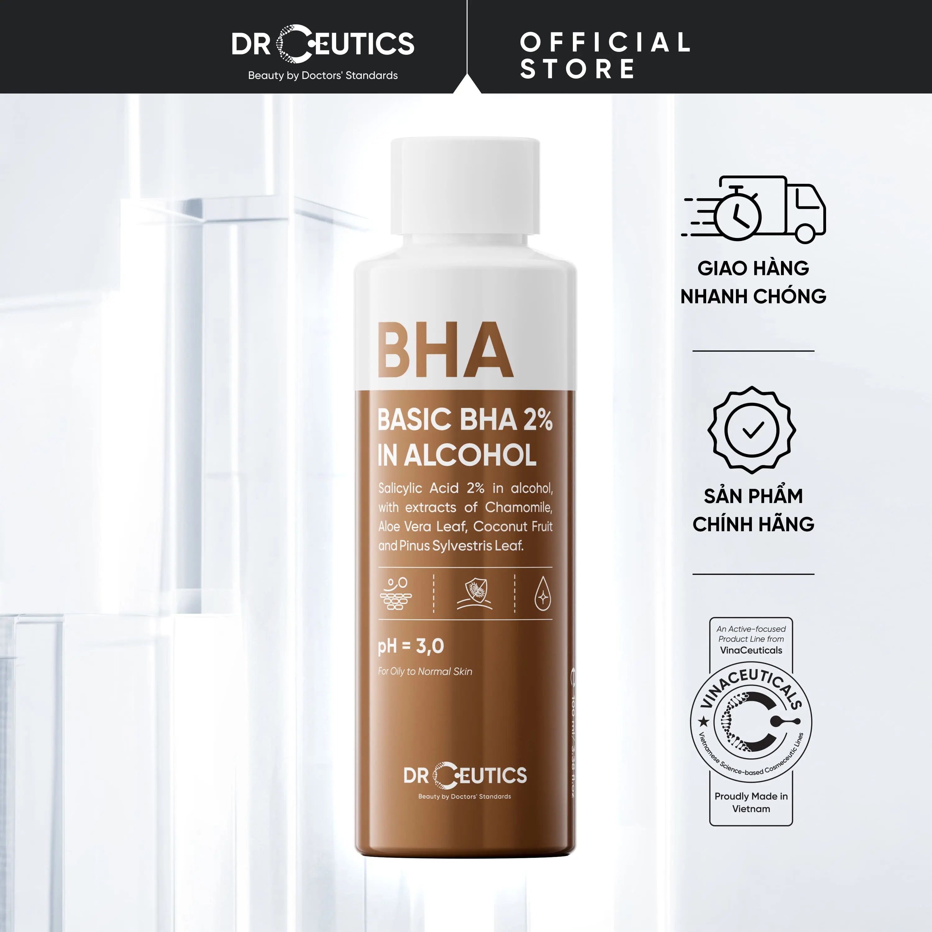 DRCEUTICS Dung Dịch Tẩy Tế Bào Chết Hóa Học Basic BHA 2% In Alcohol (Nền Cồn) Dung Dịch Hỗ Trợ Làm Sạch Dầu Cho Da (100ml - 200ml) Skincare