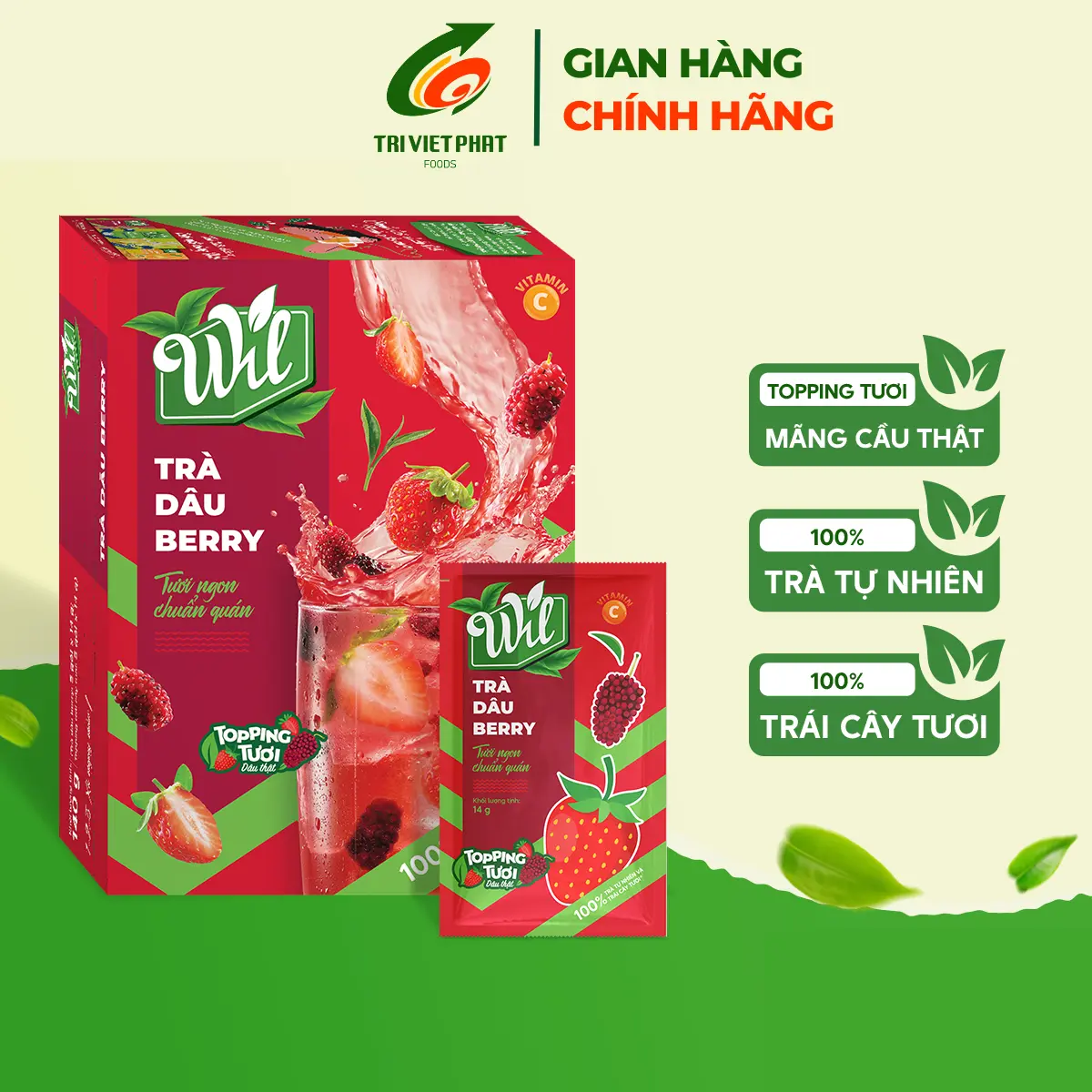 Trà dâu berry Wil trà hòa tan có topping dâu thật hộp 140g