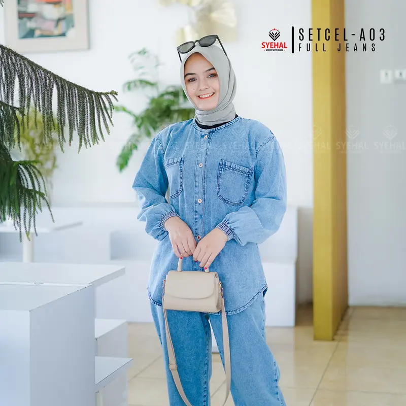 Setcel - A03 SYEHAL COLLECTION- Oneset / Setcel Kemeja Wanita Full Jeans - Setelan Pakaian Wanita Denim Baju Panjang 3