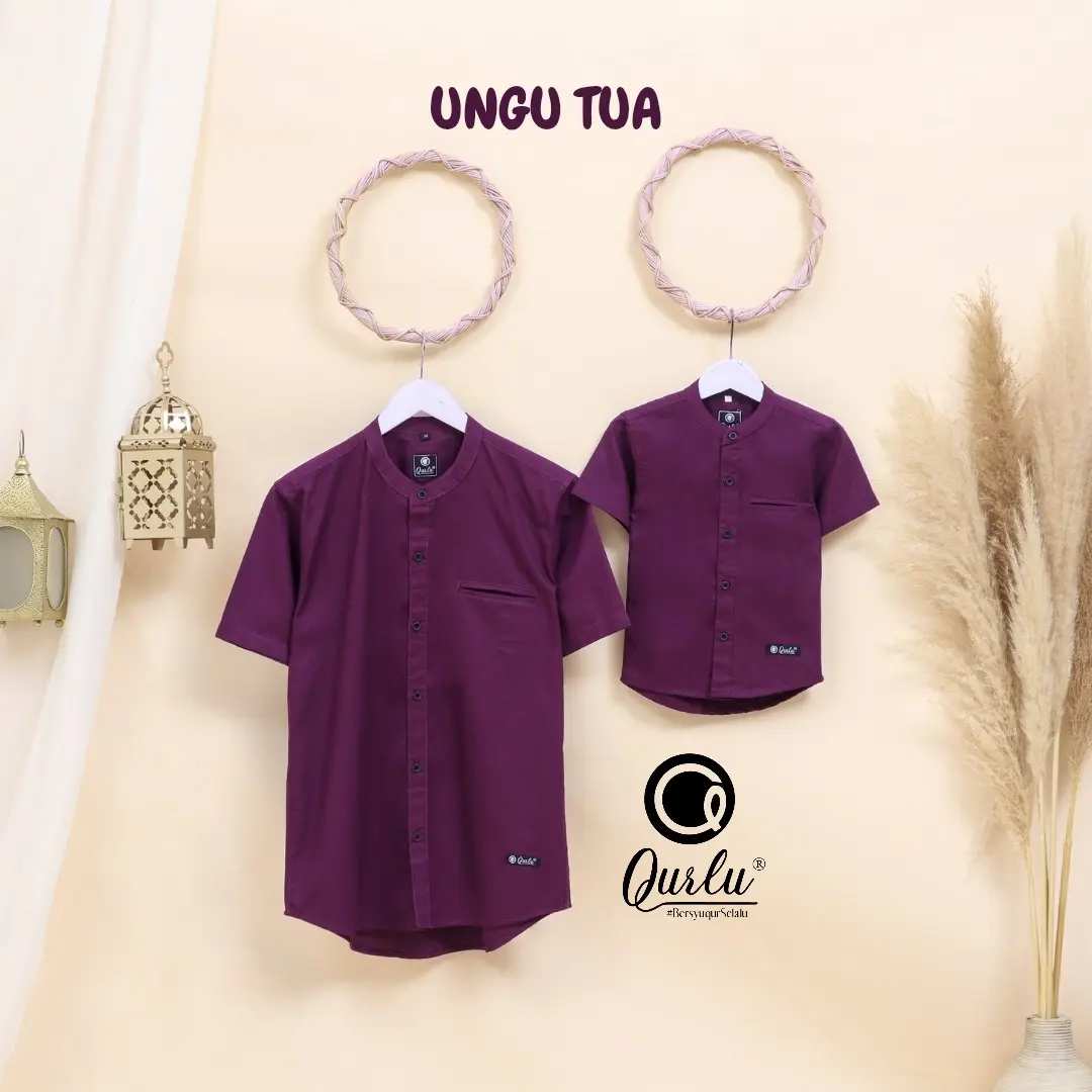 Qurlu - Kemeja Koko Dewasa / Anak warna UNGU TUA ( baju couple ayah dan anak laki laki ) baju koko pria