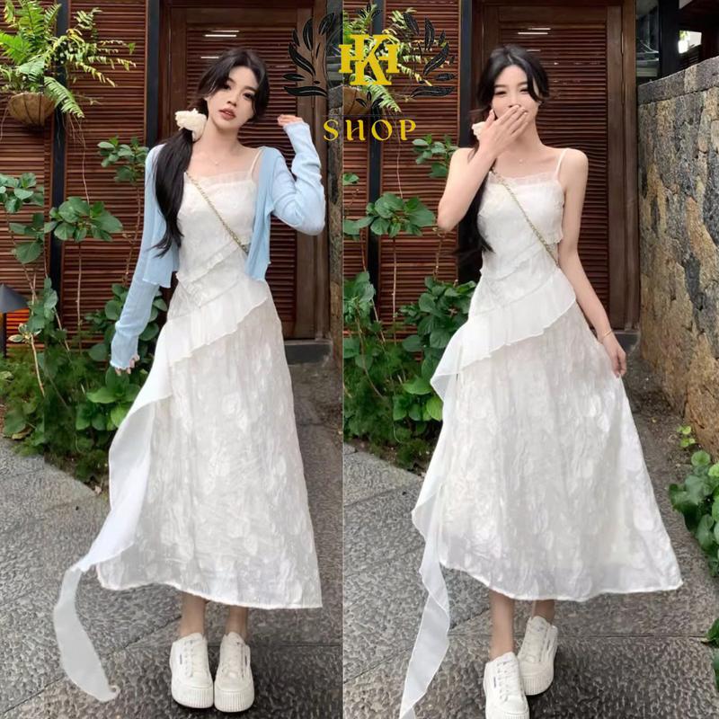 Set Váy Nữ Đầm 2 Dây Dự Tiệc Mix Đuôi Tiên Kèm Cardigan, Chất Vải Tơ Ép Quảng Châu May 2 Lớp Phong Cách Sang Trọng