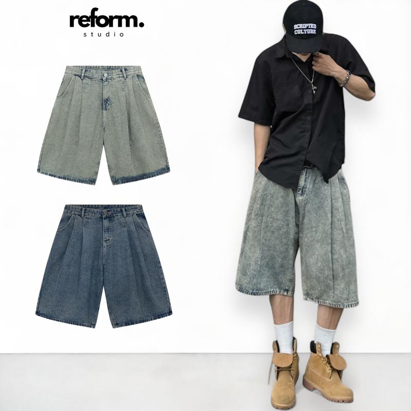 Quần Short Jean Unisex Ống Rộng REFORM Xếp Ly, Quần Đùi Baggy Denim Dài Qua Gối Cá Tính RF-F17 1