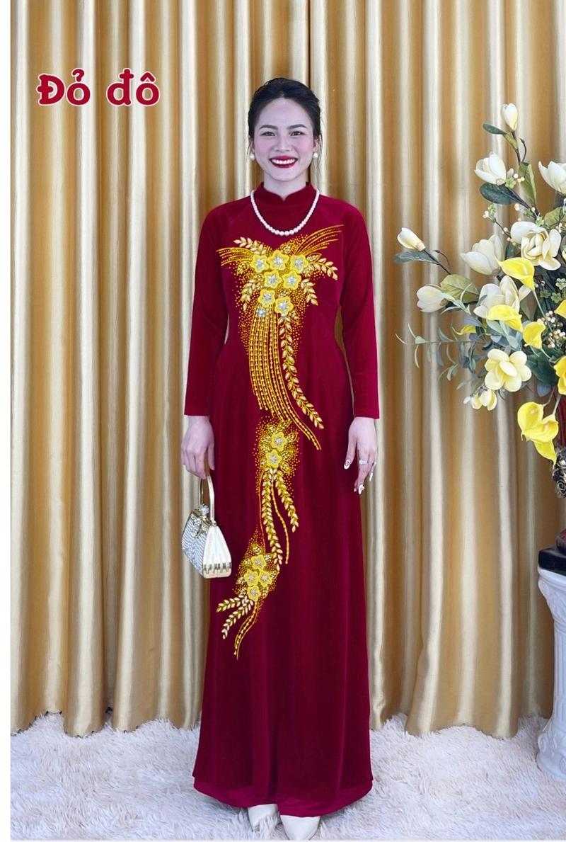 Product Introduction of Áo dài trung niên cao cấp( chưa kèm quần)  đính kết thủ công chắc chắn kết hợp phun kim tuyến sang trọng chất liệu nhung co dãn phù hợp mọi dáng người 10