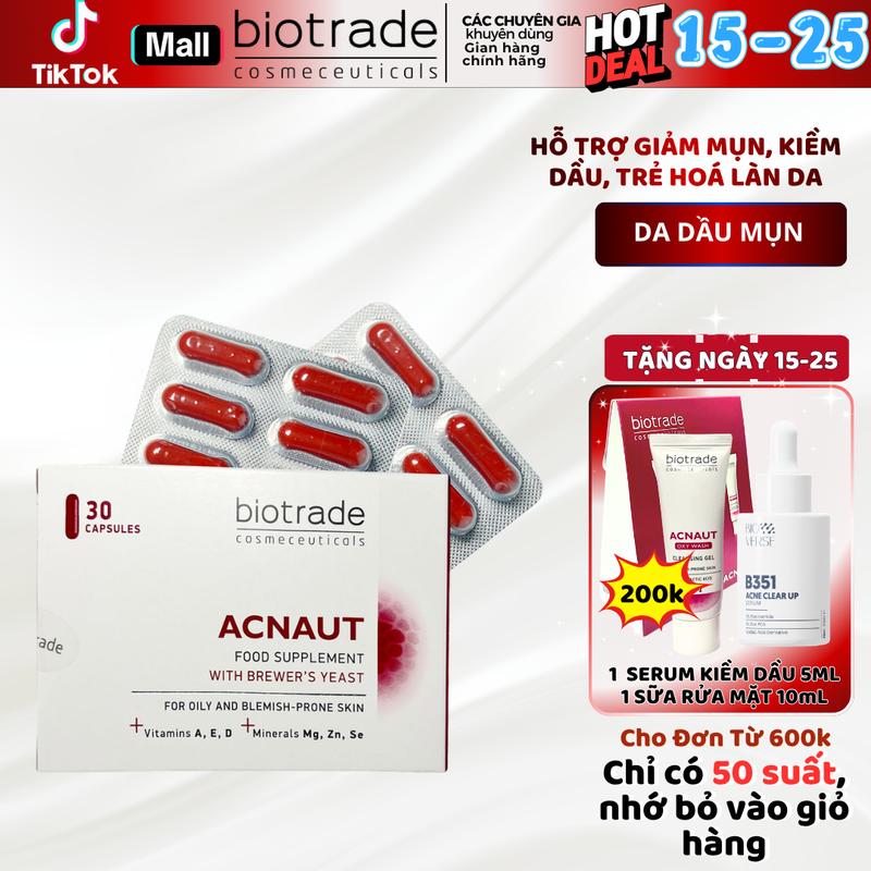 Biotrade Viên uống giảm mụn Acnaut Food Supplement 30 viên cho da mụn hỗ trợ giảm bã nhờn và thâm