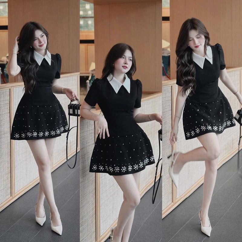 D851 TÁO ĐỎ BIGSIZE 55-90KG ĐẦM BIGSIZE CỔ POLO PHỐI TRẮNG ĐÍNH ĐÁ DÁNG NGẮN