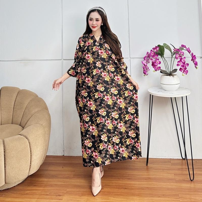 Daster Yuri Motif Bunga Kekinian Busui Leher V  Neck Daster Midi Viral Terbaru Rayon