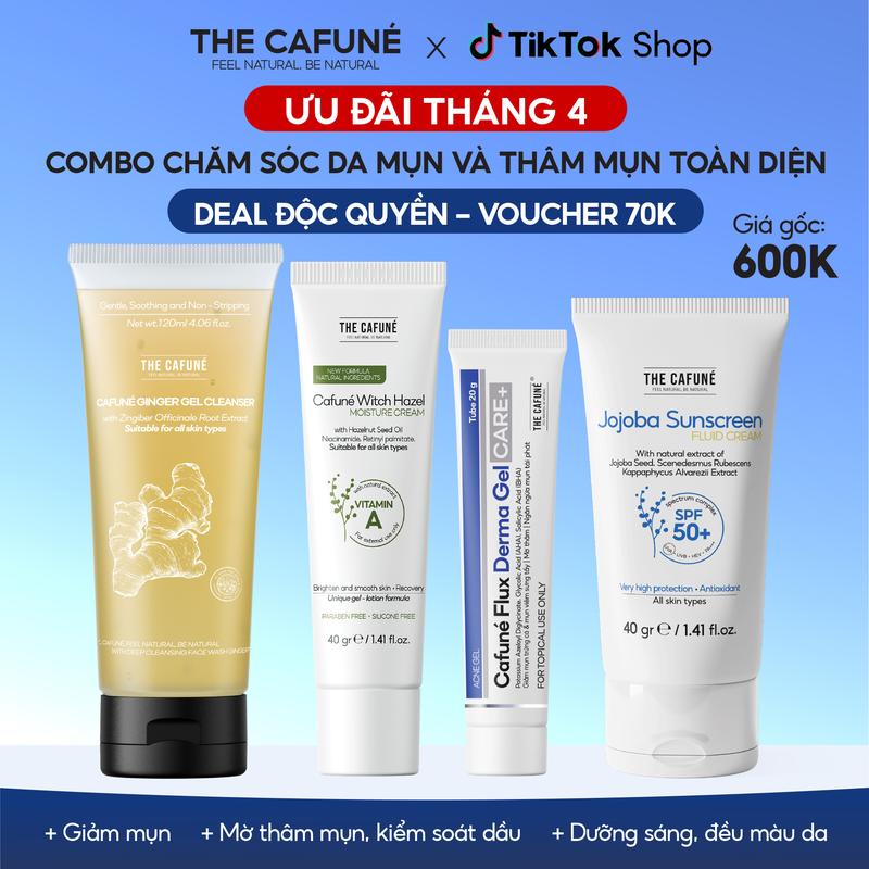 [DEAL ƯU ĐÃI THÁNG 4] Combo Chân Ái Cho Da Mụn Kem Chống Nắng, Gel Chấm Mụn Cafuné Flux, Sữa Rửa Mặt, Kem Dưỡng Ẩm The Cafuné Dành Cho Da Mụn 120gram Skincare Làm Đẹp Da