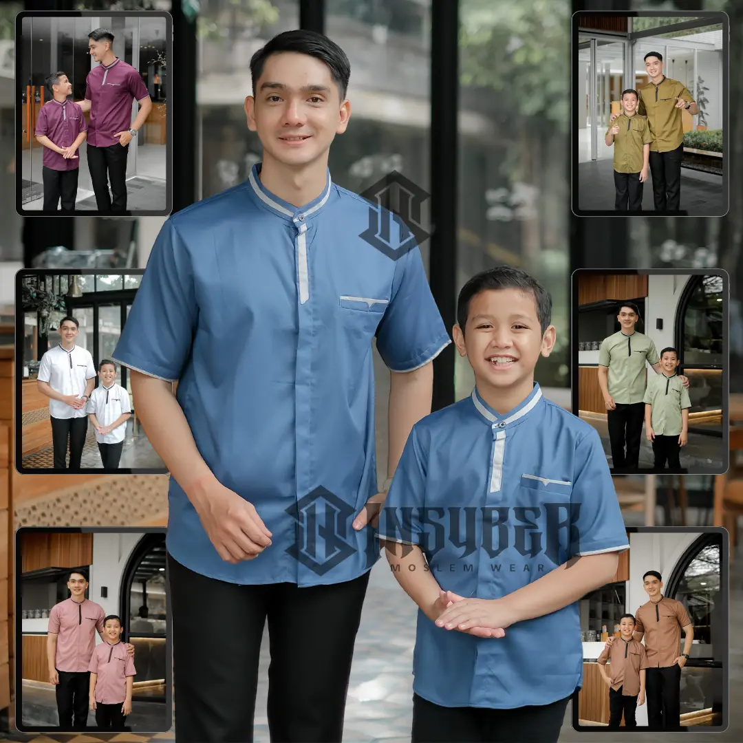 Baju Koko Ayah dan Anak Laki-Laki Denim Lengan Pendek Toyobo Import Terbaru 2025 - Katun, Muslim