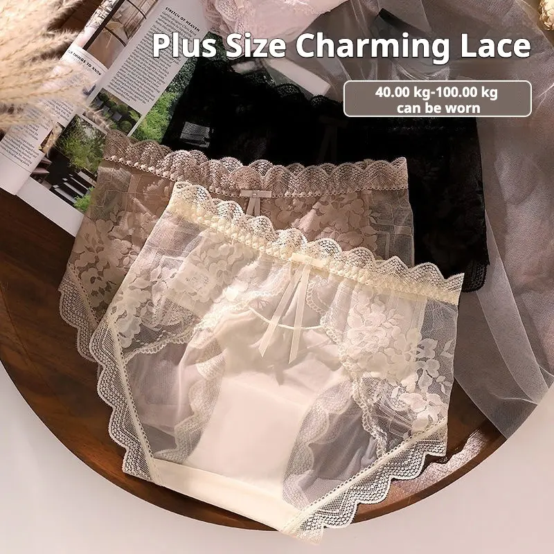 New large size lace underwear women's hollow mesh pure cotton antibacterial mid-waist briefs