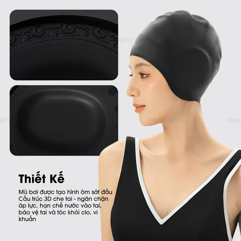 Mũ Bơi Người Lớn Silicone Dùng Được Cho Nam Nữ Bịt Tai - Ngăn Nước - Chùm Búi Tóc - MB02 4