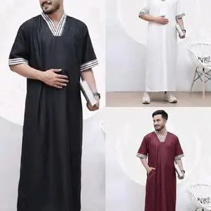 Jubah Pria V-Neck Modern Gamis Pria Dewasa Lengan Pendek Jubah Arab Salur Outer Muslim Kaos Kerah V Bahan Katun Premium Adem Desain Stylish & Eksklusif