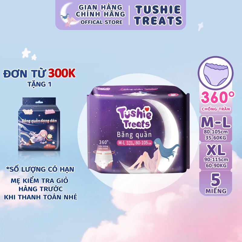Tushie Treats- Quần băng vệ sinh bản nâng cấp siêu mềm, siêu thấm, BVS dạng quần đủ size M-2XL (tương đương 35-98KG)
