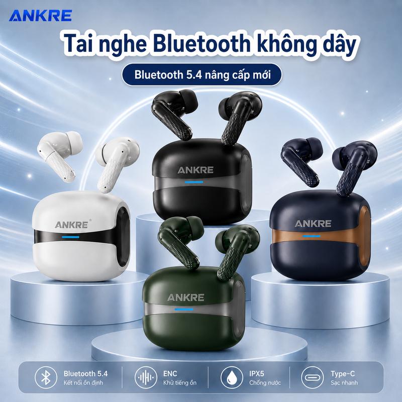 Tai Nghe Bluetooth Không Dây TWS ANKRE 5.4, Khử Tiếng Ồn ENC, Âm Thanh 3D, Độ Trễ Thấp, Chống Nước IPX5, Sạc Type-C