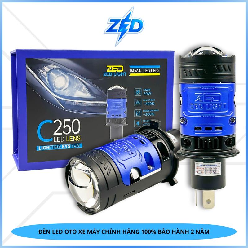 Đèn Pha LED Bi Cầu Mini C250 ZED LIGHT - 60W Siêu Sáng,Pha Màn Chập Kết Hợp Trợ Pha Laser Tâm Vàng Chiếu Xa Trên 150m Lắp Xe Máy Oto
